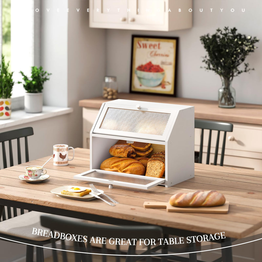 Bread Box - Countertop Bin Double Layer Storage Container Extra Large Capacity Farmhouse with Diamond Pattern Windows (White