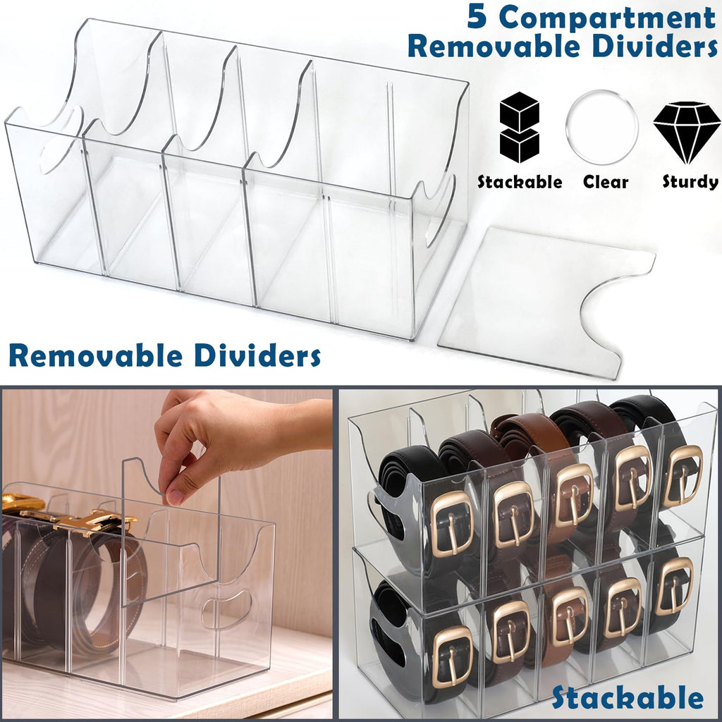 Belt Organizer - 2 Pack Clear Stackable Belt holder For Closet Drawer Storage - 5 Compartments with Removable