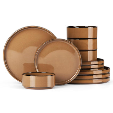 Stoneware Dinnerware Sets for 4, Plates and Bowls with Unglazed Terracotta Bottom, Elegant Kitchen Ceramic Dish