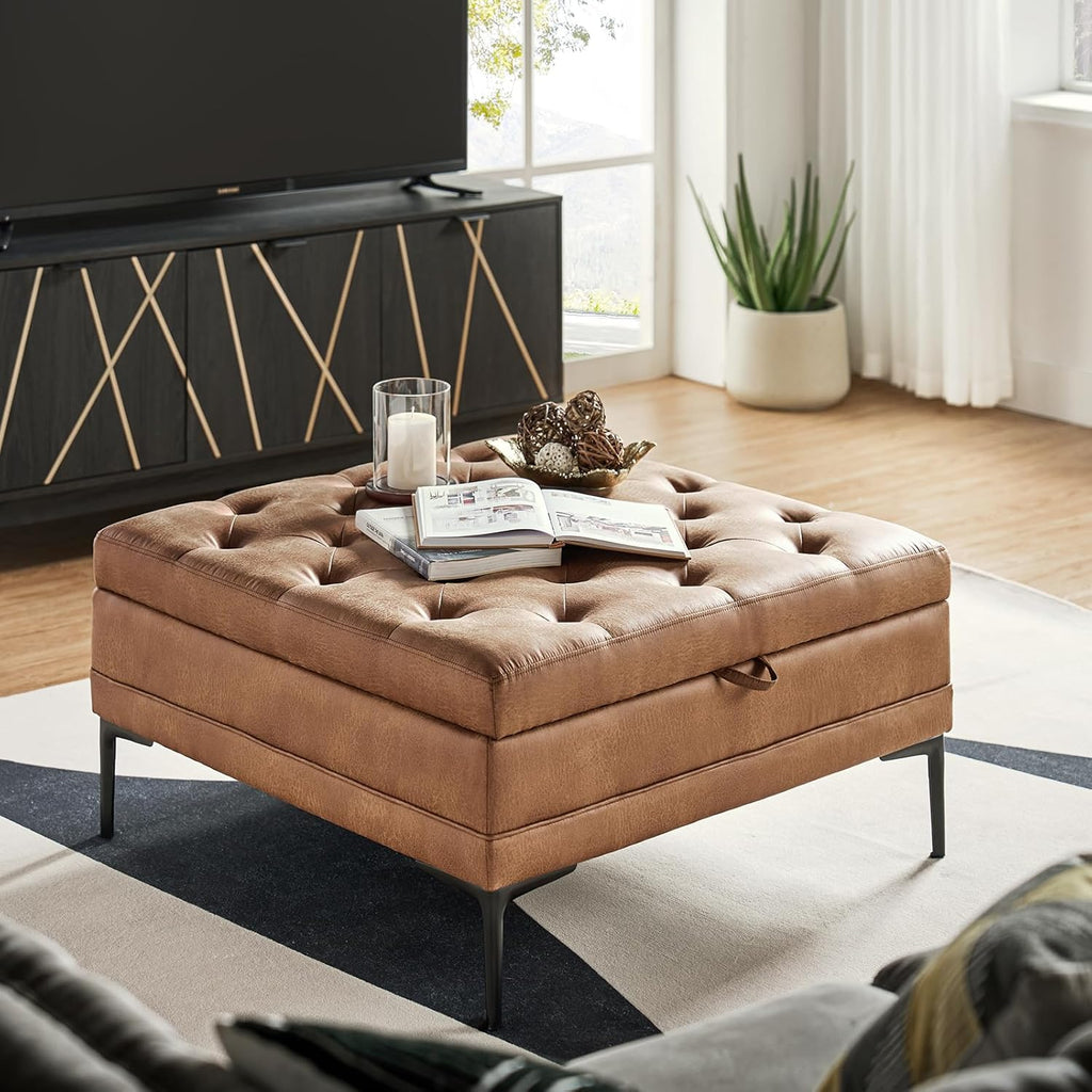 Tufted Faux Leather Coffee Table, Camel | 36.5" Square Storage Ottoman with Metal Legs, Large Upholstered Ottoman for