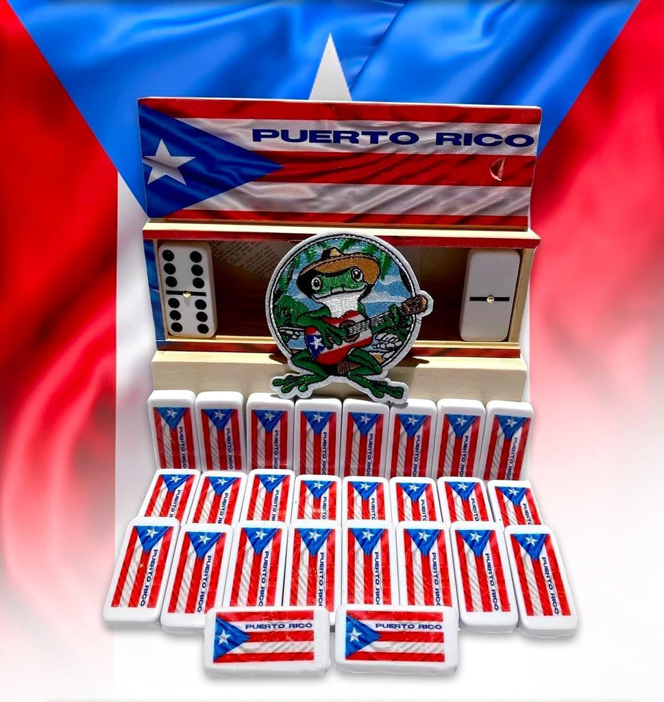 Puerto Rico Dominoes Set - Double Six Resin Tiles with Puerto Rican Flag - Classic Wooden Box Storage - Boricua