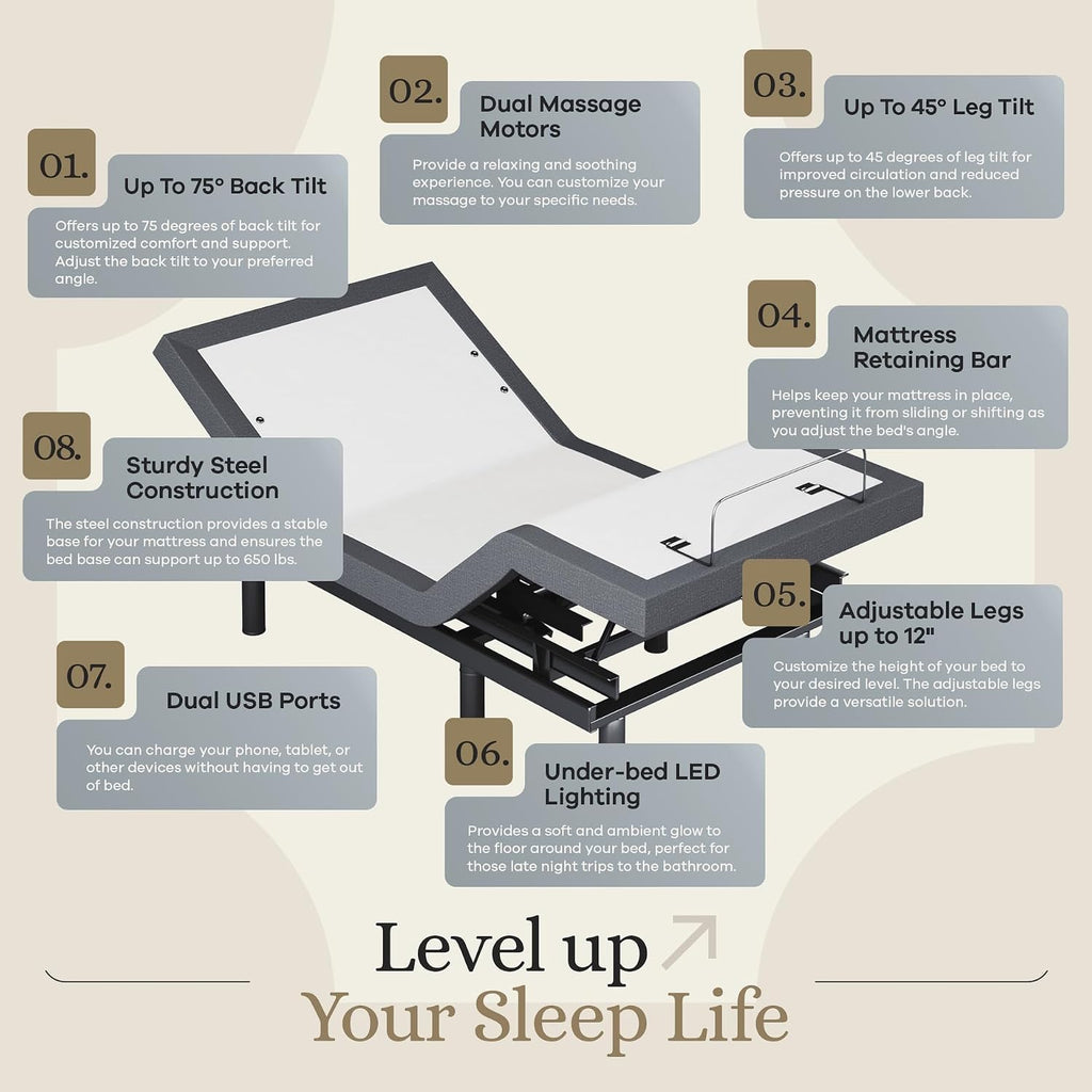 Classic Adjustable Bed Base, Head and Foot Lift, Massage, Under-Bed Lights, USB, Gel Memory, Zero Gravity Smart Frame
