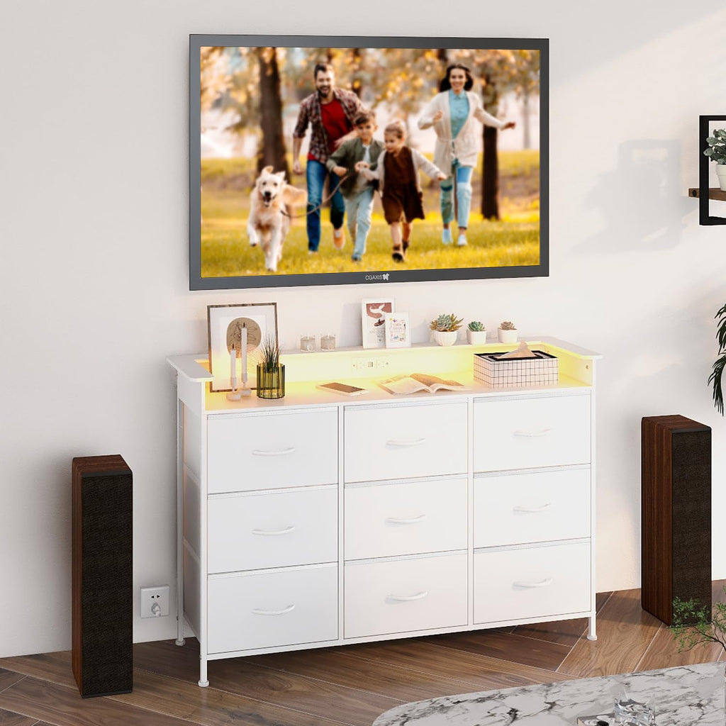 White with LED Light 9 Drawer Dressers with Charging Station Chests of Drawers Closet Living Room Hallway Sturdy