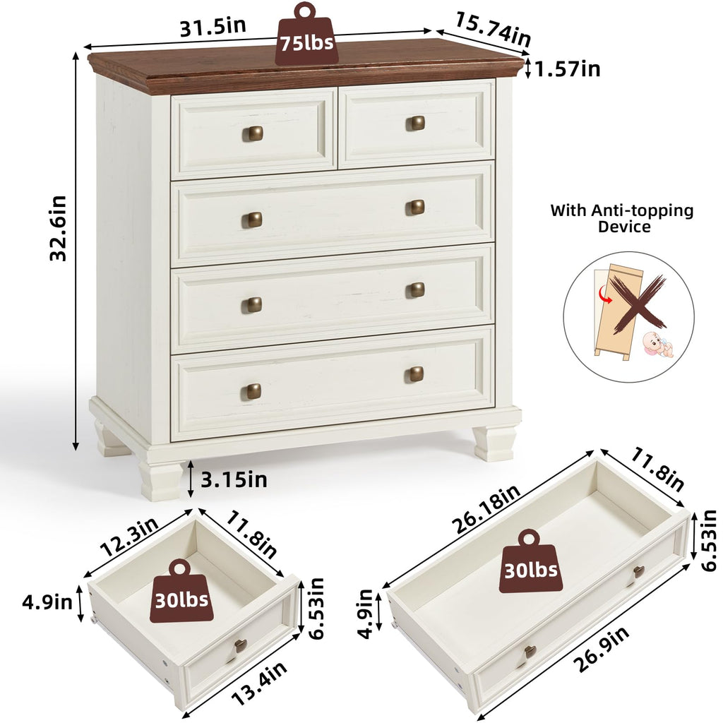 Farmhouse 5 Drawer Dresser Set of 2, 32.6 Inch Tall Modern Chest of Drawers, Mid Century Small Dressers w/Square