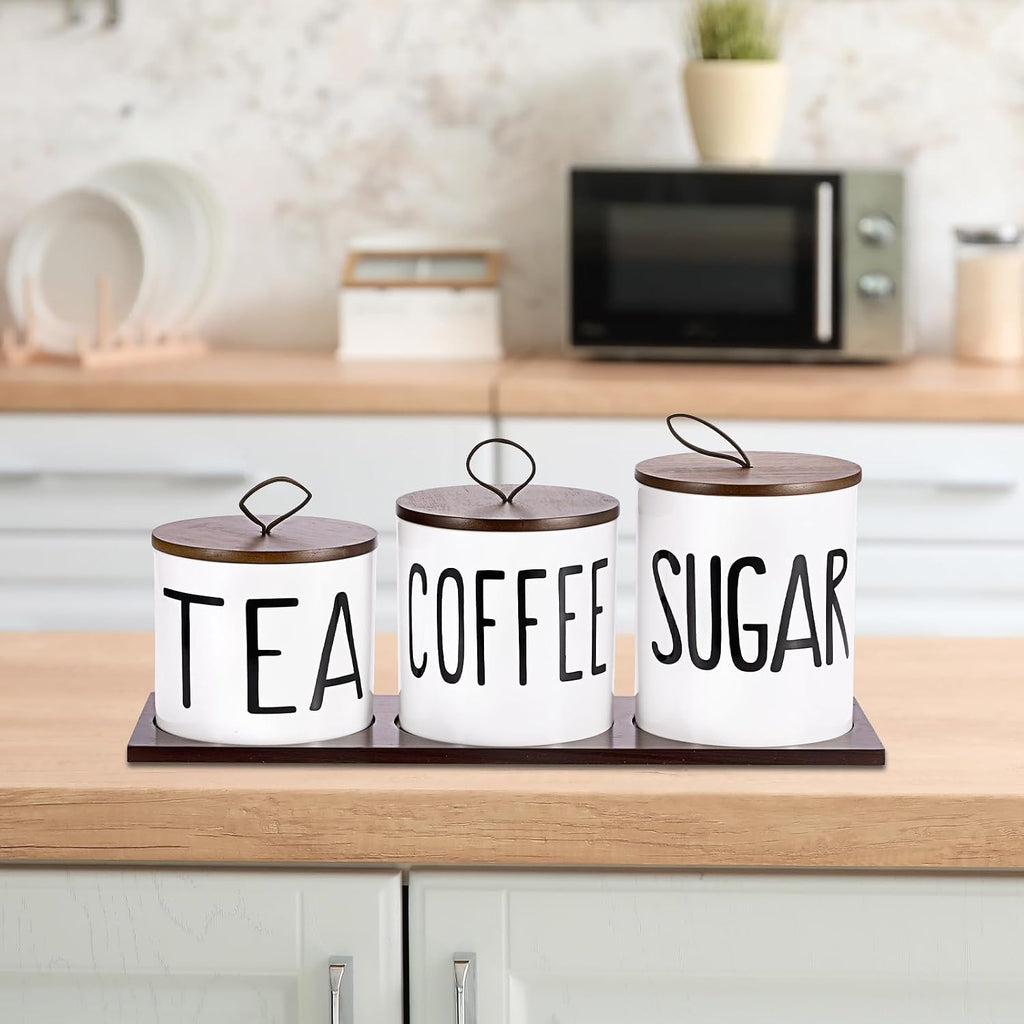 Ceramic Coffee Sugar Tea Canister Set with Lid and Tray - Set of 3