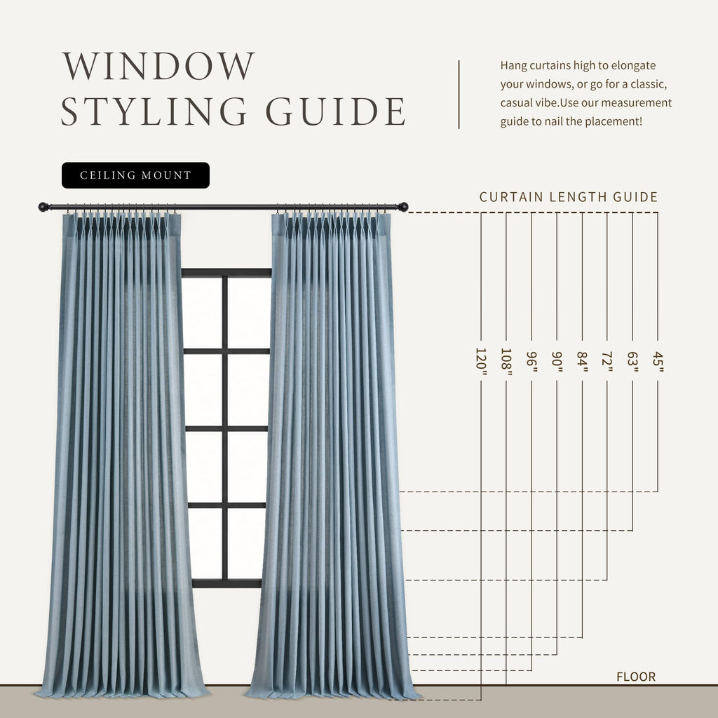 Blue Pinch Pleated Linen Curtains 84 Inches Long