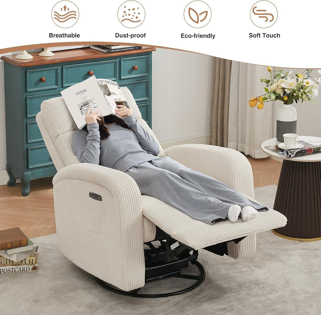 Power Swivel Rocker Recliner Chair,Nursery Glider Recliner,Cream White | 270° Swivel Rocker with Type-C & USB Port