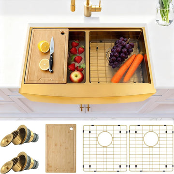 Gold Double Farmhouse kitchen Sink, 16-Gauge Stainless Steel Farm Sinks, 50/50 Apron Front Features Workstaion