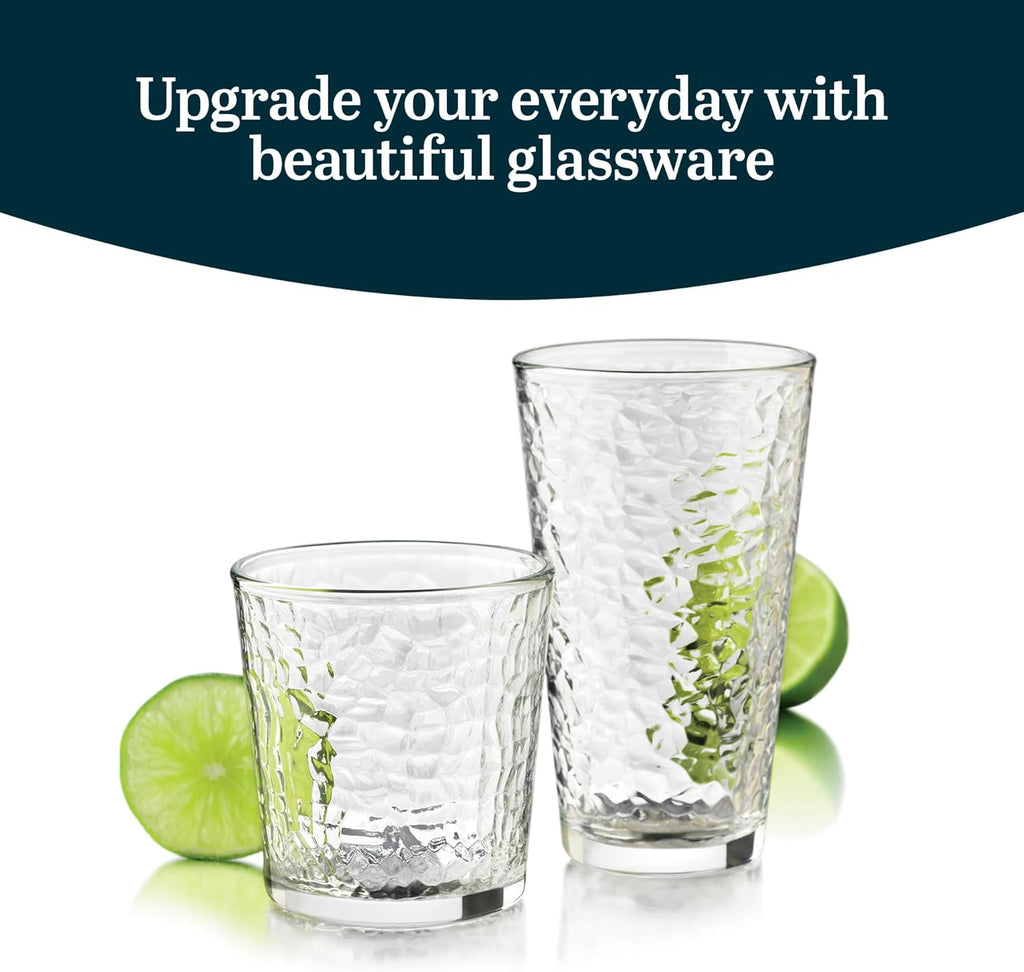 Yucatan Tumbler and Rock Drinking Glasses Set, Textured 16 Piece Glassware Set, All Purpose Glass Cups for Events and