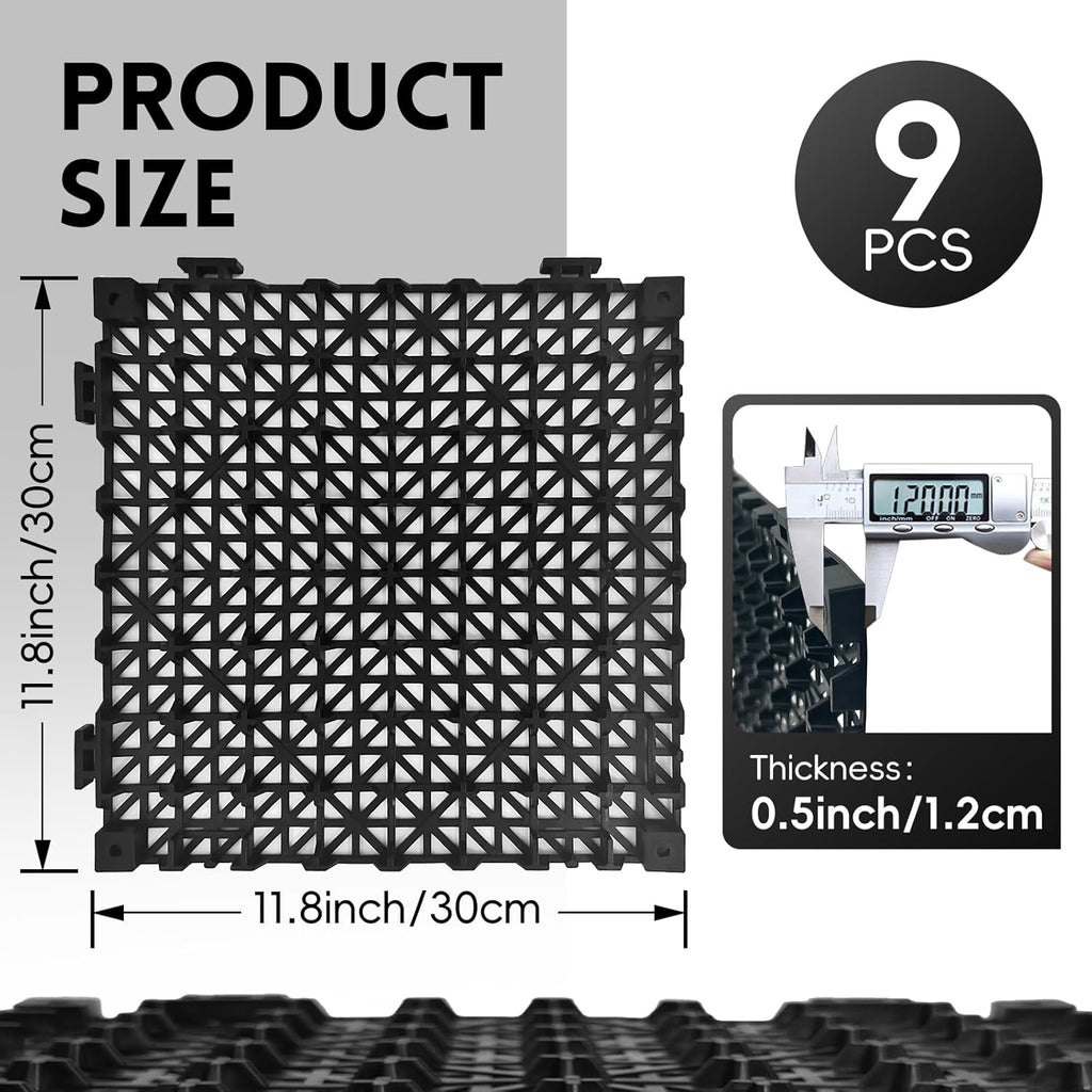 Modular Interlocking Cushion Drainage Floor Tiles, 9-Pack 11.8"x11.8" PVC Raised Non-Slip Interlocking Mats with Drain