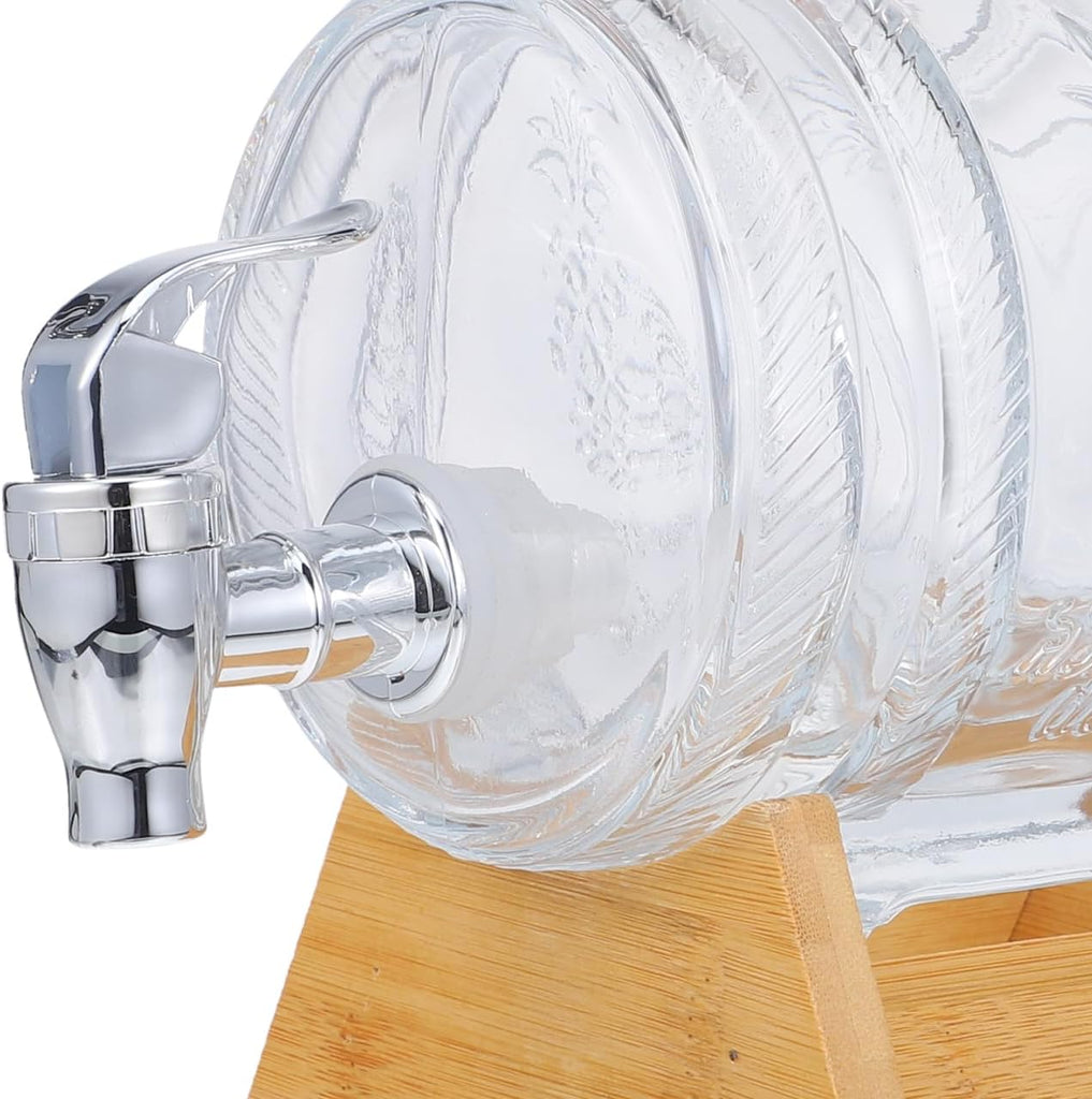 Vintage Wine Barrel Beverage Dispenser with Rack and Faucet Glass Wine Barrel for Serving Brandy Whisky Vodka Rum at