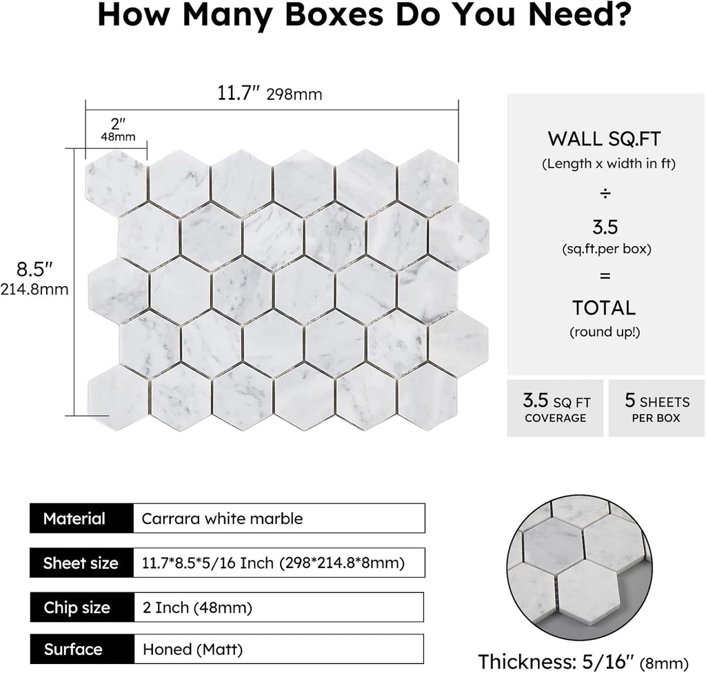 Carrara White Marble Mosaic Tile, 2 Inch Hexagon, Matte, Italian Bianco Carrera Marble Backsplash Bathroom Wall