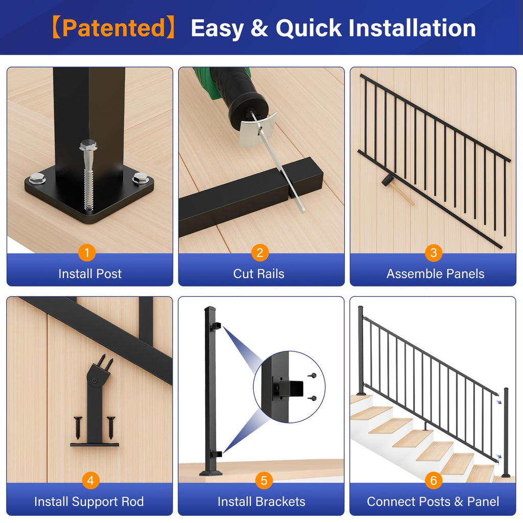 36in x 6ft Modular Aluminum Stair Railing Kit, Patented Clip-On