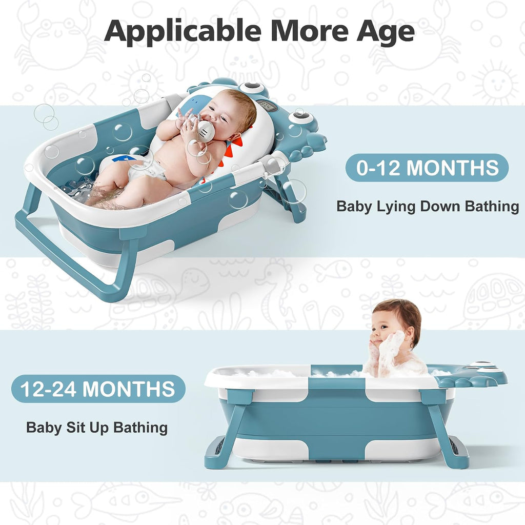 Collapsible Baby Bathtub for Newborns with Thermometer and Soft Floating Cushion Portable and Foldable Travel Baby