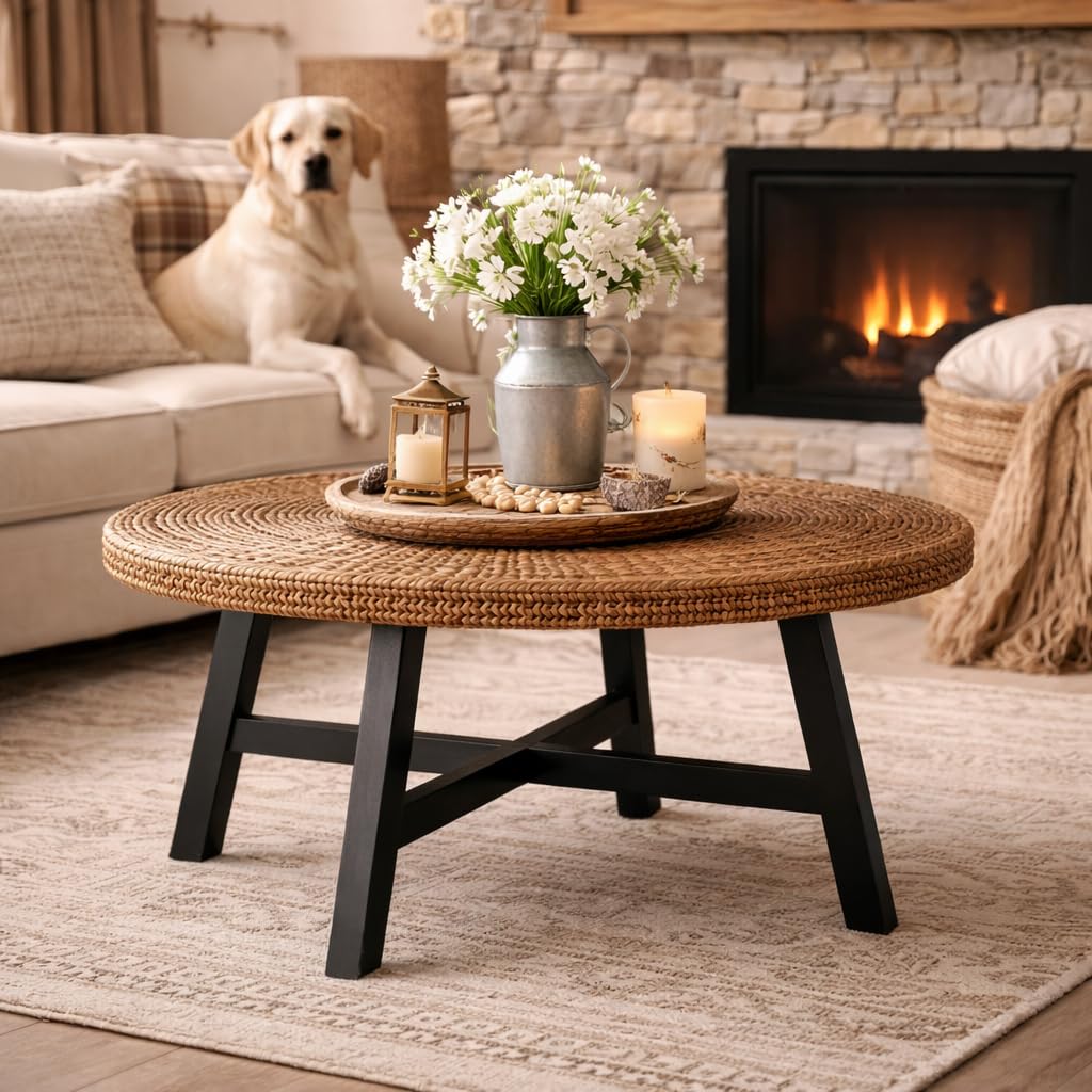 32 Inch Round Coffee Table, Handwoven Seagrass Coffee Table with Solid Pine Wood X Base, Natural Boho Coastal