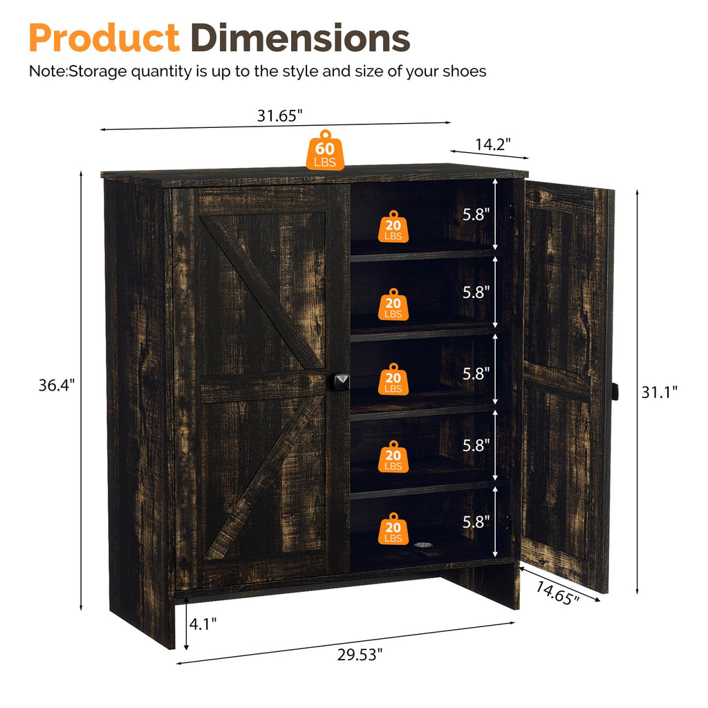 Shoe Cabinet with Doors, 5 Tier Dark Rustic Oak Wooden Shoe Storage Cabinet with Double Barn Doors, Adjustable
