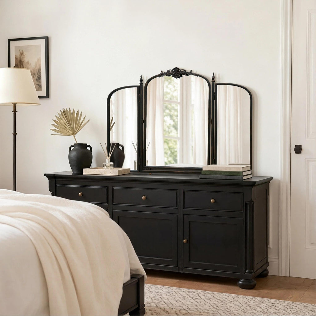 Black Vanity Trifold Mirror: 40"x28" Vintage Arch Three Way Mirror