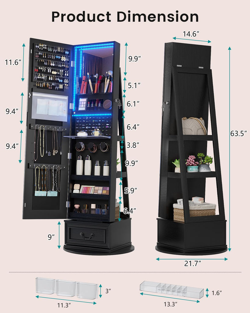 LED Mirror Jewelry Cabinet with Lights, 360° Swivel, Black