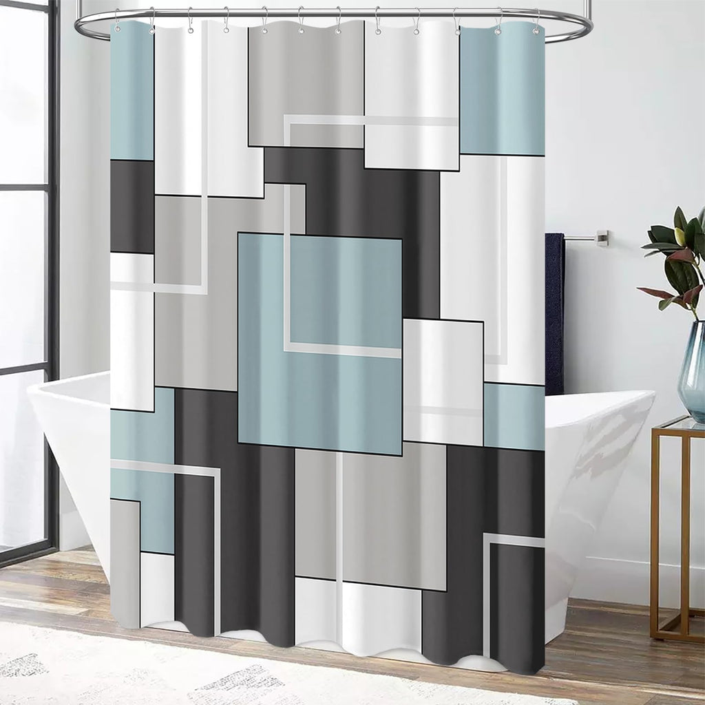 60x72 Stall Geometric Waterproof Fabric Shower Curtain Set, Fog Blue