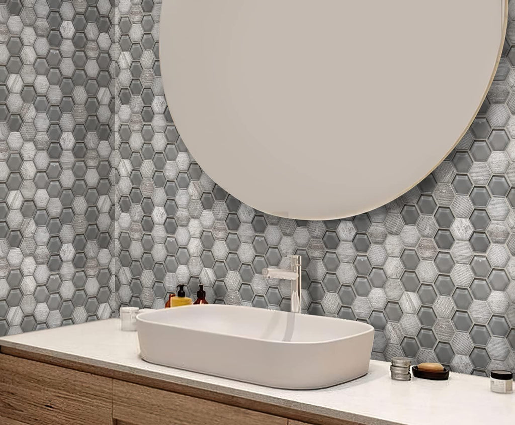 Hexagon Mosaic Glass & Marble Tile Grey 11.8x12 Polished 4.92 sq ft 5-Pack | Mesh-mounted natural stone. Kitchen