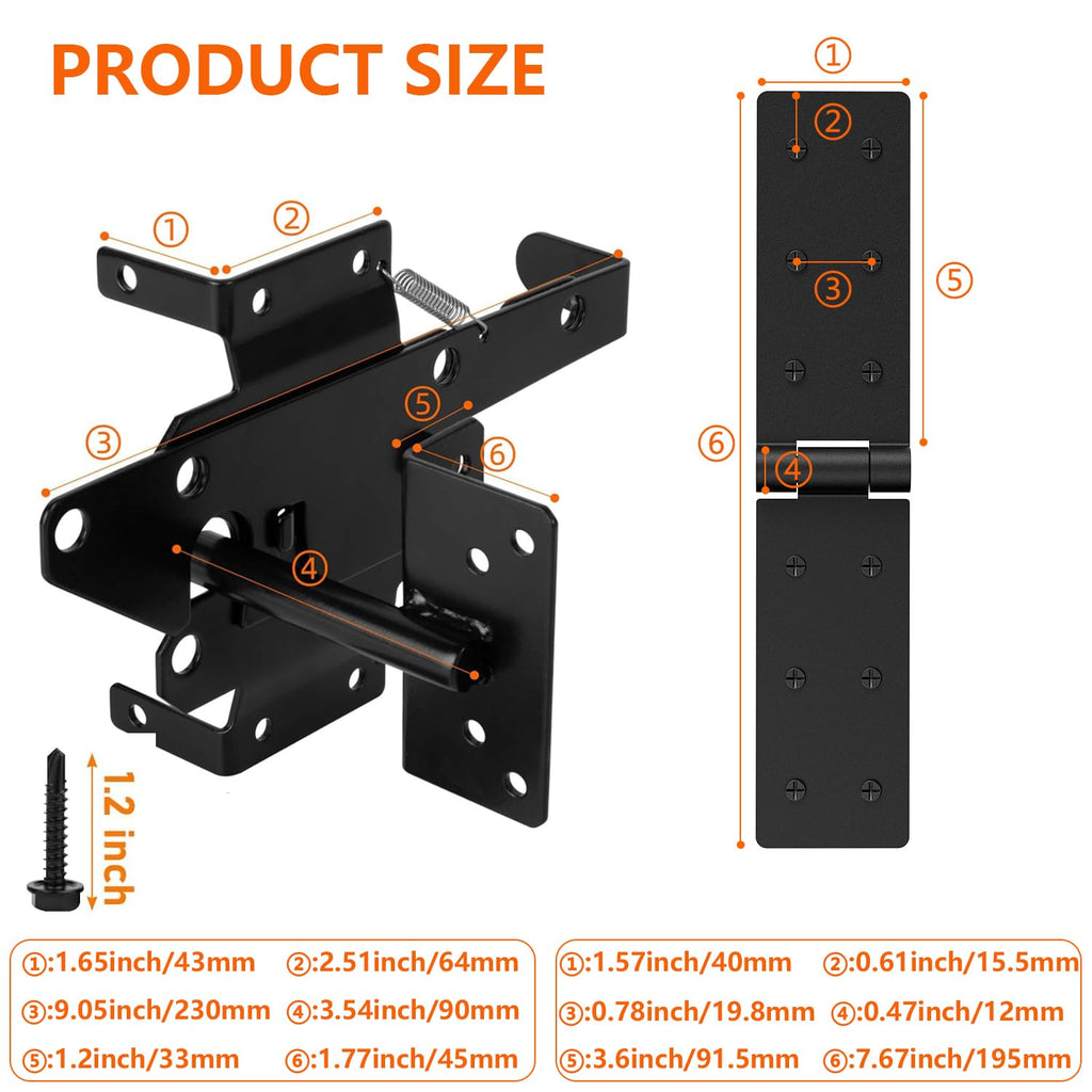 Fence Gate Hinges Heavy Duty and Self Locking Latch Set 3Pack for Wood Gates, 270° Outdoor Hardware Kit, Strap Dual