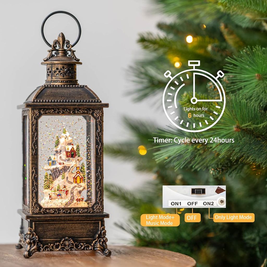 Christmas Village Snow Globe Lighted Snowy Mountain Village Scene, Musical Snow Water Lantern Swirling Glittering