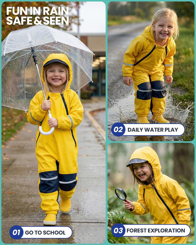 Kids Toddler Rain Suit Waterproof Coverall, Hooded Full-Body Raincoat For Outdoor Play