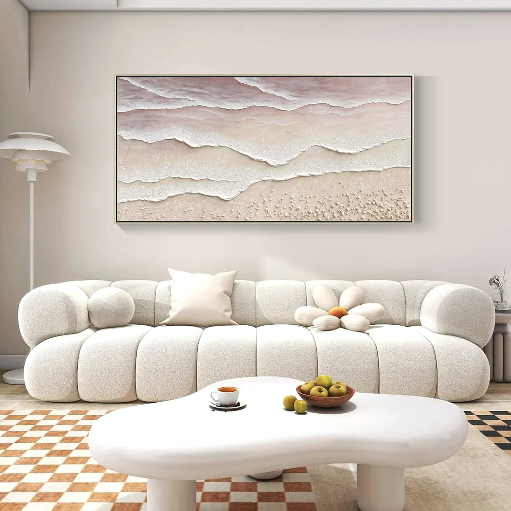 Beach Wave Textured Wall Art - Hand Painted Abstract Wall Painting Framed Artwork 60x30 Horizontal Canvas Extra Large