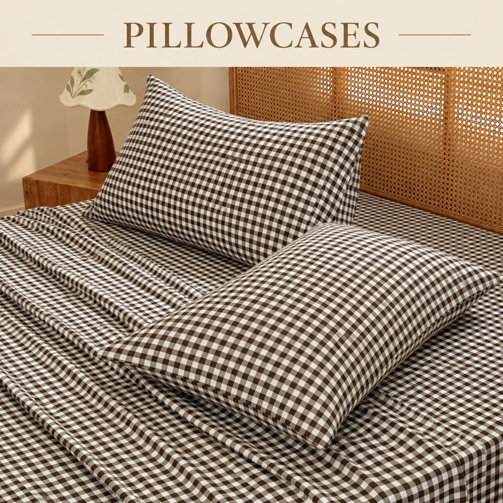 18-24 Inches Extra Deep Pocket Queen Sheets, Mocha Gingham