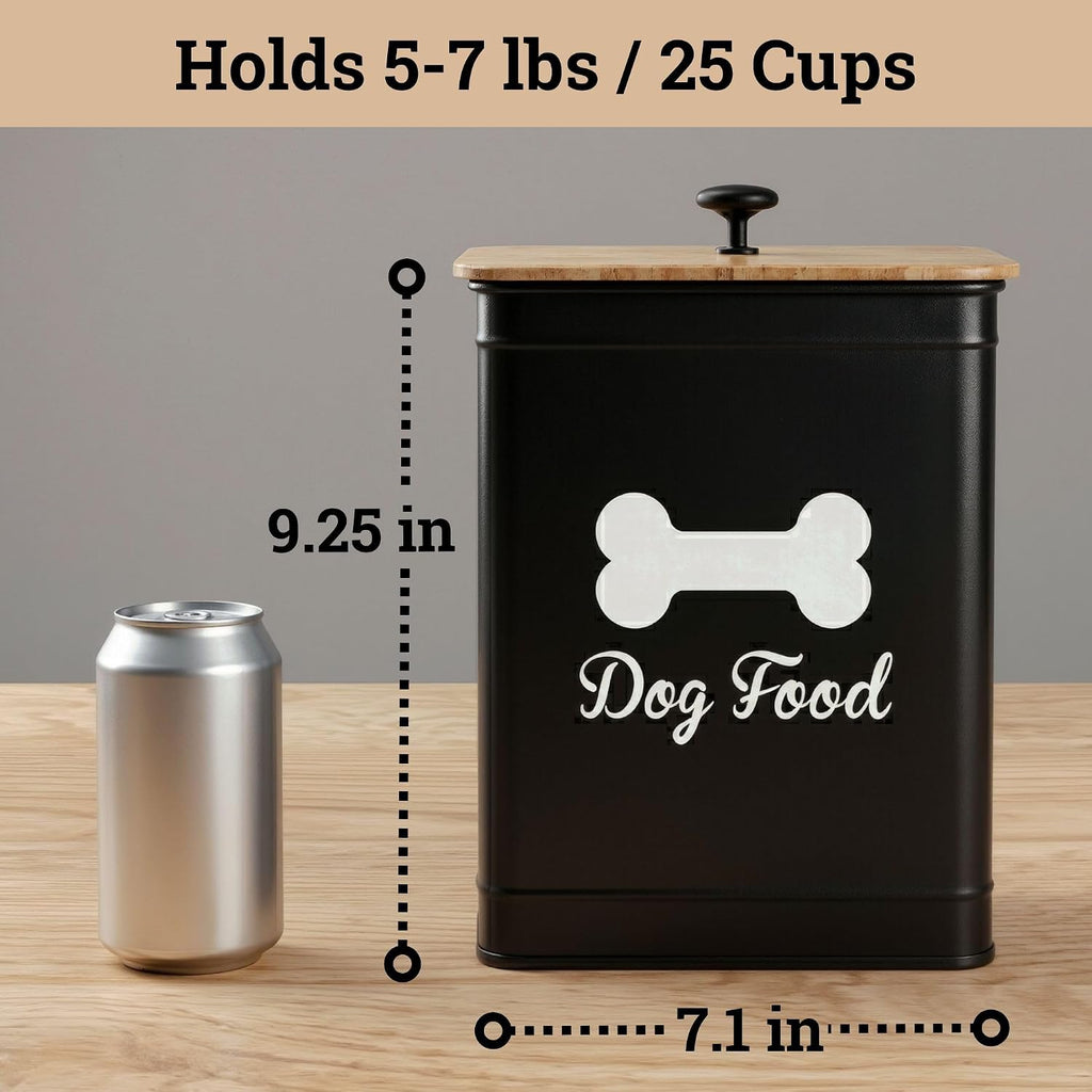 Metal Dog Food Container 5-7lb, 25 Cup w/ Airtight Bamboo Lid, Metal Handle