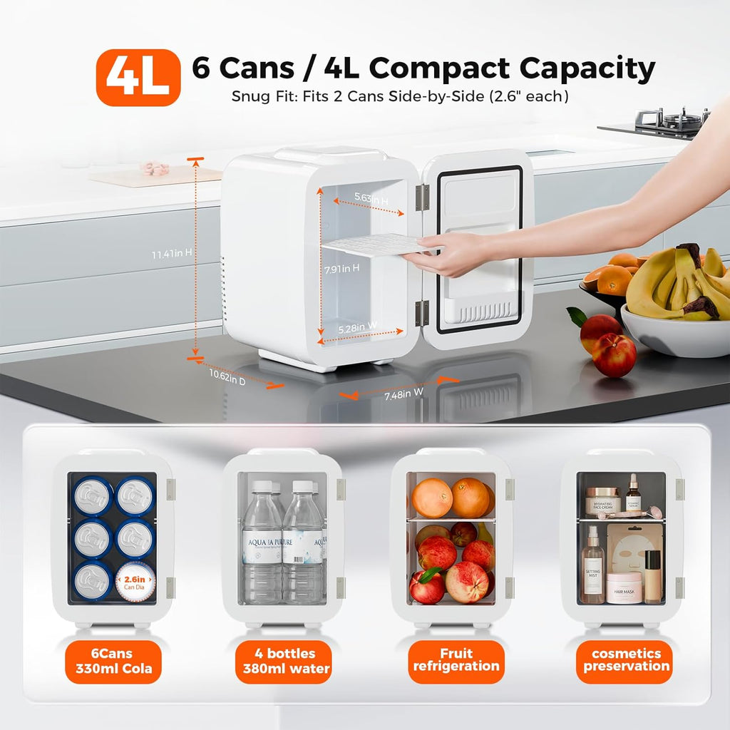 Mini Fridge, 4 Liter/6 Can Mini Makeup Fridge, 110V AC/ 12V DC Portable Thermoelectric Cooler&Warmer for Skincare