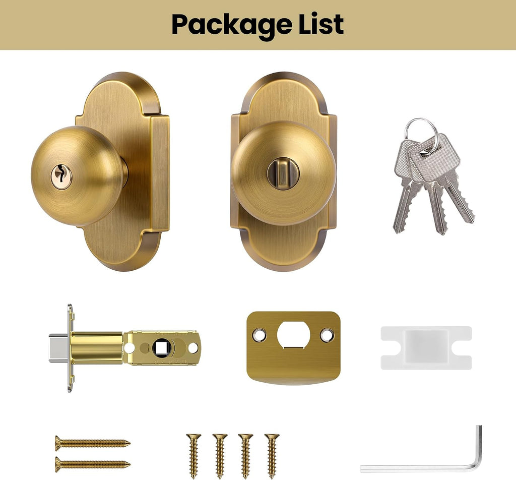 Keyed Alike Entry Door Knobs with Lock and Key, Antique Brass Door Knob