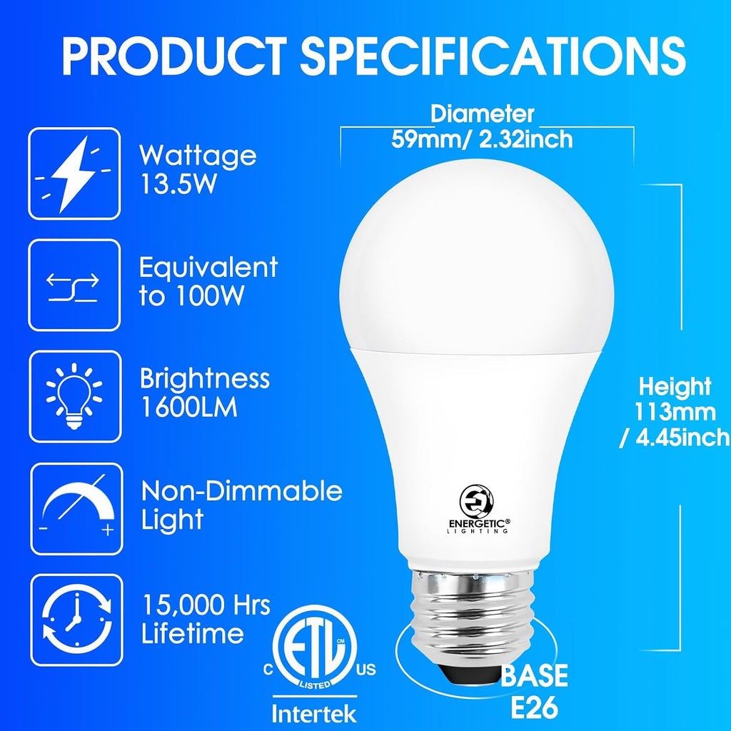 LED Bulbs 100 Watt Equivalent, Super Brightness 1600LM, Daylight 5000K, Non-Dimmable A19 LED Bulb, E26 Standard Base