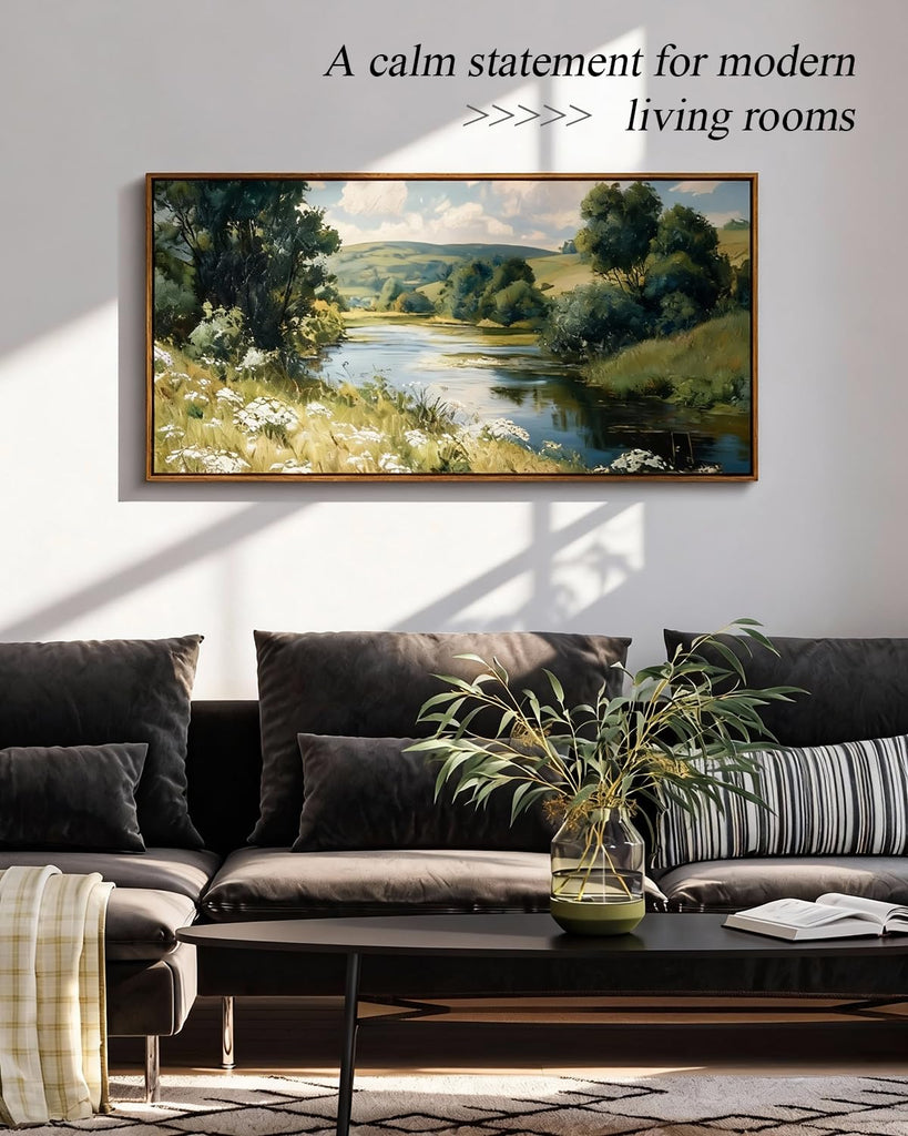 Large Rustic Landscape Wall Art, Nature Valley Painting 20×40 in