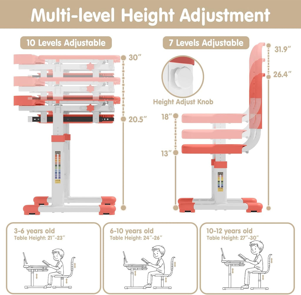 Kids Desk and Chair Set, Height Adjustable Study Table for Ages 3-12