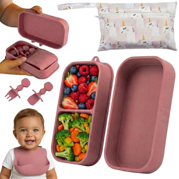 Travel Feeding Set with Silicone Suction Plates, Dark Pink Small