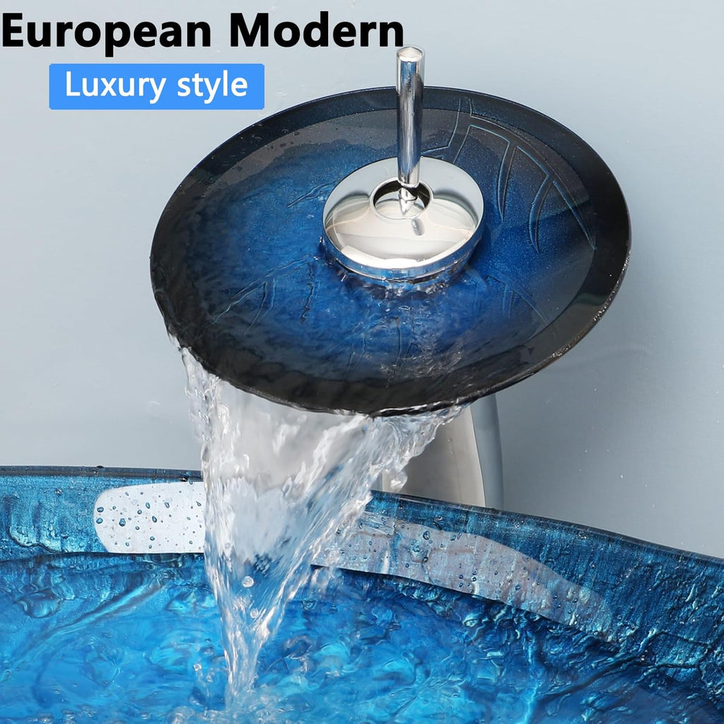 23"x14" Blue Bathroom Vessel Sink, Leaf Shape Tempered Glass Sinks And Faucet Combo