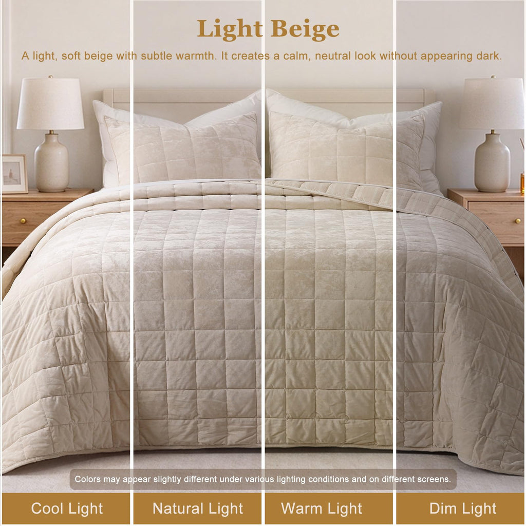 Velvet Quilt Set Oversized King 112"x106", Light Beige