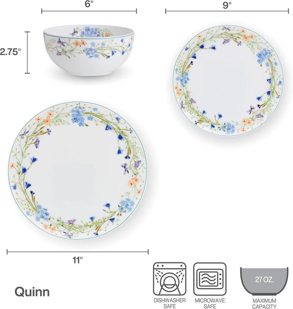 Quinn Lightweight Bone China 12 Piece Dinnerware Plate Bowl Set, Service for 4