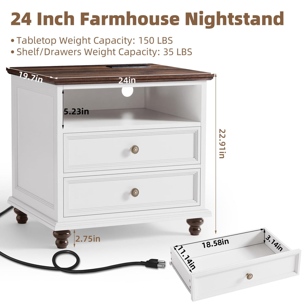 24" Wide Farmhouse Nightstand with Charging Station, End Table with 2 Drawers, White Wood Cabinet, Bed Side Table