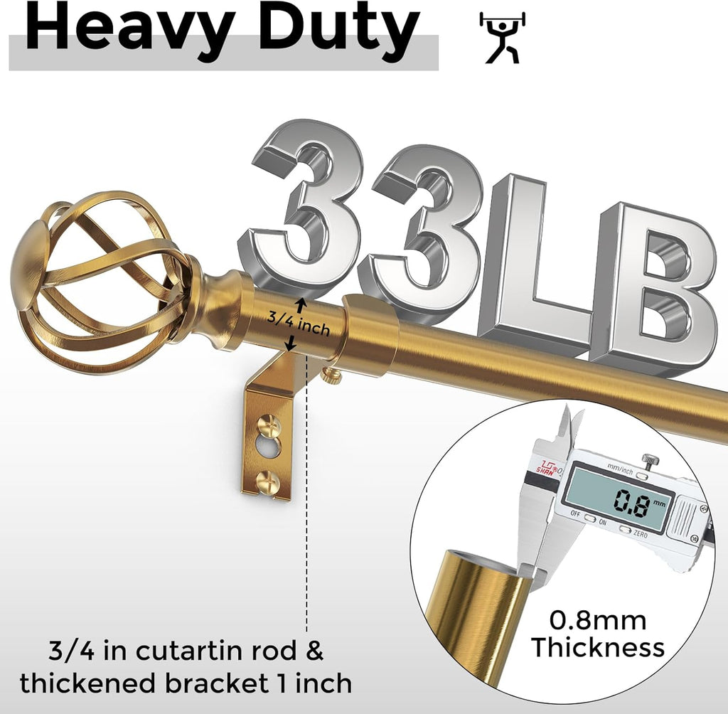 Gold Curtain Rod 36-72 Inch, Brushed Brass Decorative Curtain Rods for Windows with Twisted Cage Finials, 3/4"