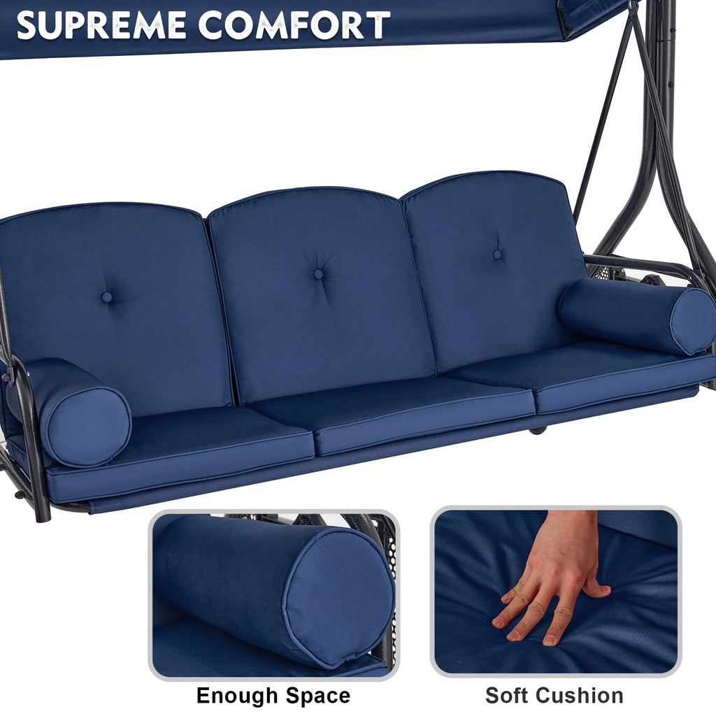 3 Seat Porch Swing with Adjustable Canopy, Patio Swing with Stand