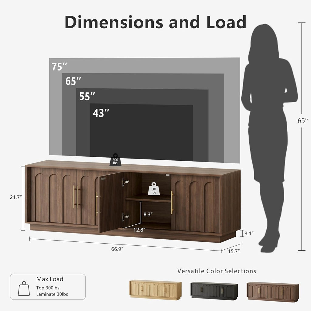 TV Stand for 75 Inch TV, Mid Century Modern TV Stand with Arched Design, Wood Grain Finish, Media Console with