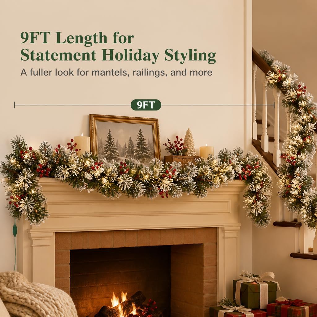 Pre-Lit Artificial Christmas Garland with 50 Lights, Plug in Garland Decorated with Pine Cones and Red Berries