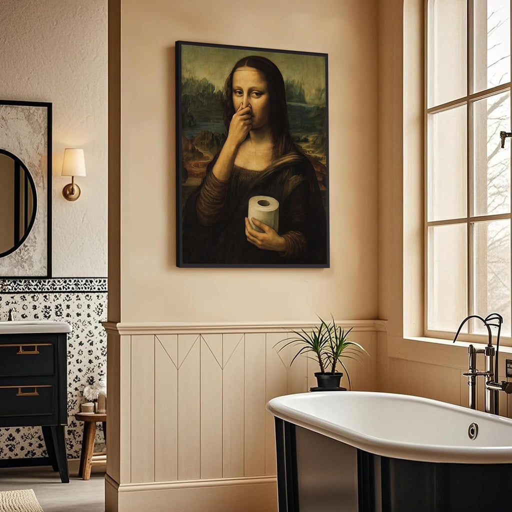 Framed Funny Mona Lisa Bathroom Wall Art, Humor Amusing Bathroom Prints