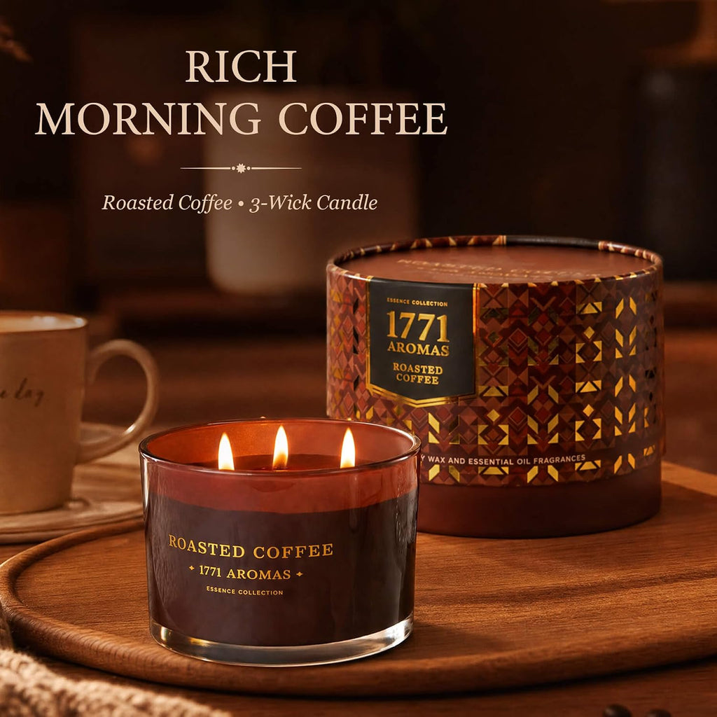 Roasted Coffee Scented Candle - 100% Natural Soy Wax - Large 3 Wick Jar - Up to 40 Hours Burning Time - Aromatherapy
