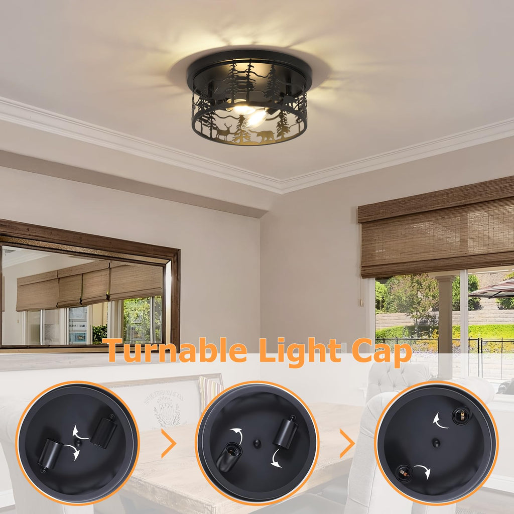 Rustic Farmhouse Flush Mount Ceiling Light, Black Bear Light