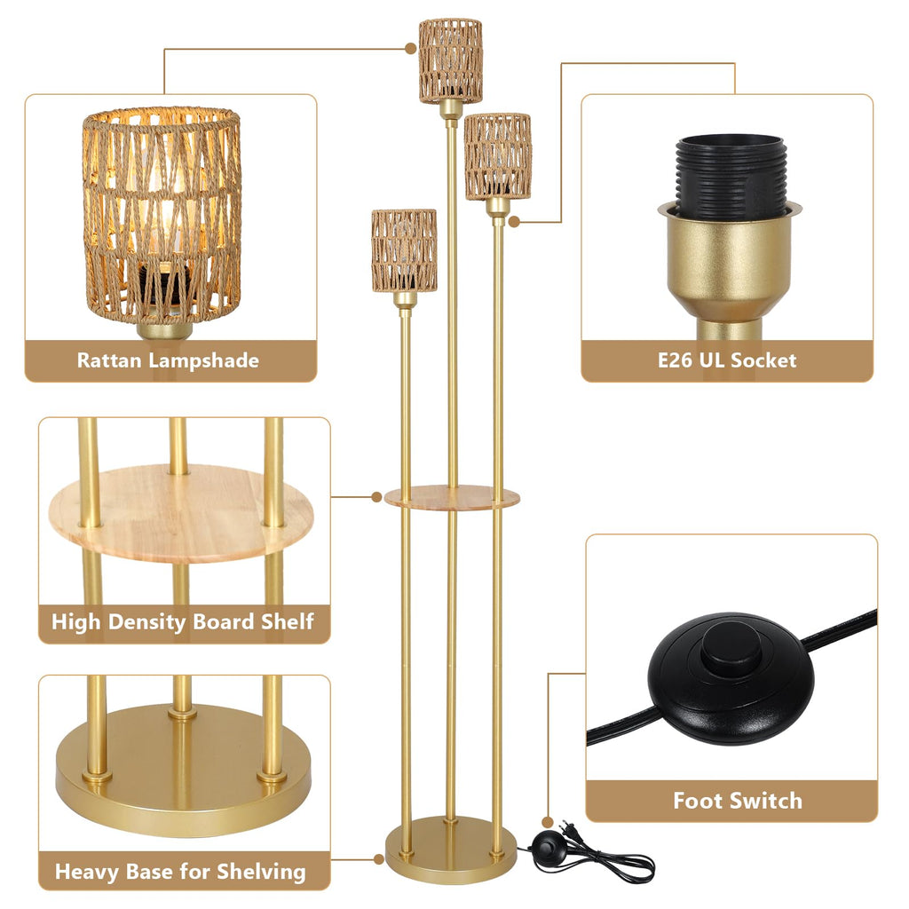 Boho Floor Lamp with Shelves, 3-Lights Farmhouse Tall Floor Lamp with ON/Off Foot Switch, Gold Modern Floor Lamps