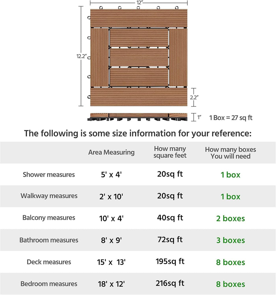 27PCS Wooden Flooring Patio Deck Tiles Interlocking Tiles Patio Solid Wood and Plastic Indoor&Outdoor 12 x 12in Brown