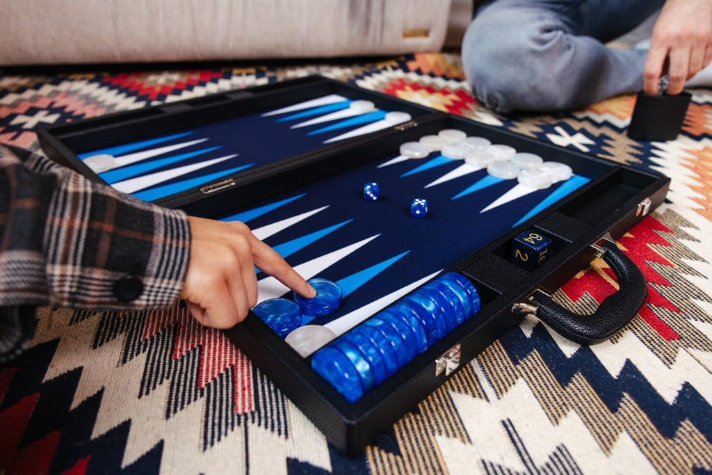 19 Inch Premium Backgammon Sets for Adults Leather Black - Blue. Premium 1.6 Inch Checkers & Dice Set, Travel